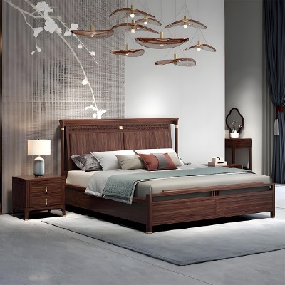 新中式风格 实木床家具 乌金木黑檀木+铜 卧室双人床耐用高档 卧室家具 1.8米